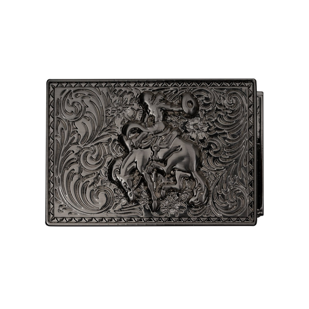 Mission Belt Buckle with a cowboy riding a horse